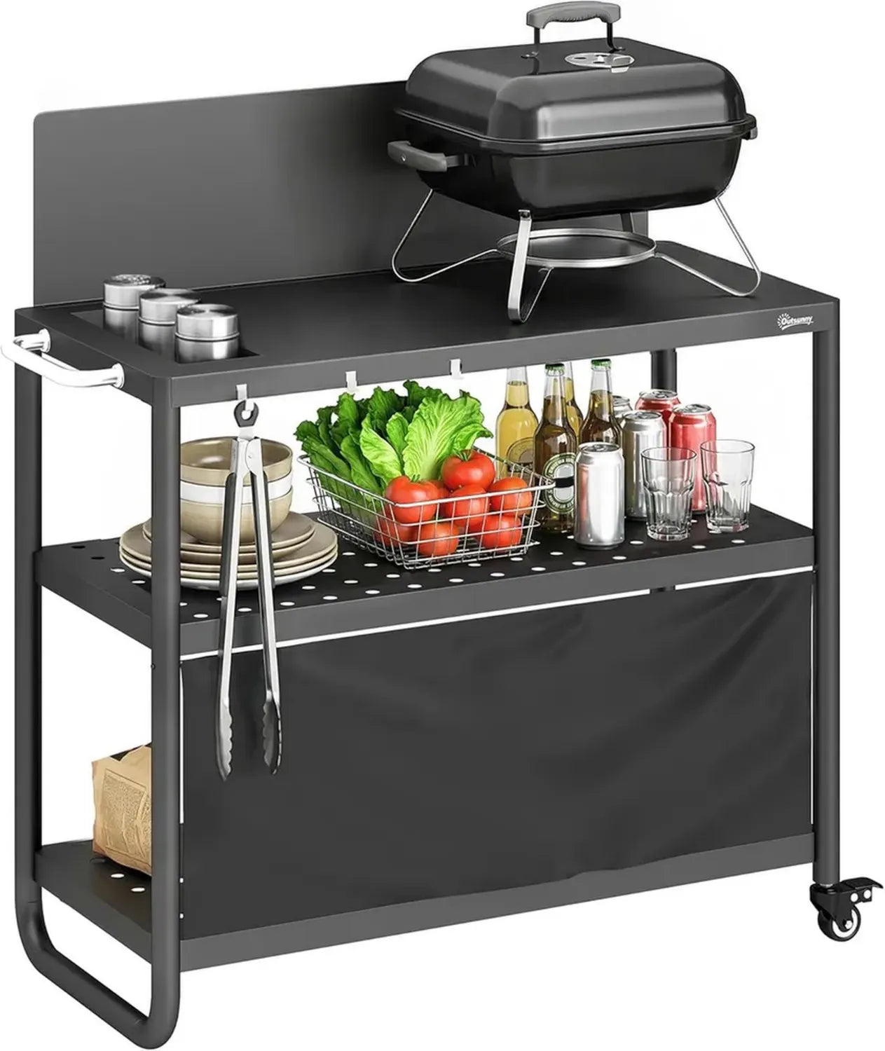 Chariot de Cuisine Extérieure Noir avec Rangement et Pare-vent - 3 Niveaux de Stockage, Acier Durable